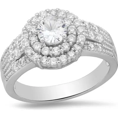 Steeltime 18k White Gold Plated Double Halo Ring In Silver
