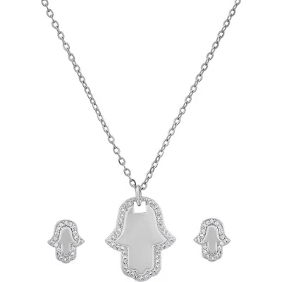 Steeltime 18k White Gold Plated Hamsa Necklace & Earrings Set In Silver