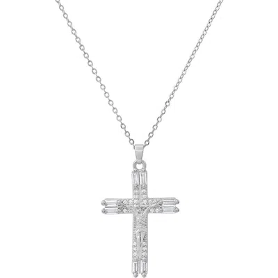 Steeltime 18k White Gold Plated Simulated Diamond Crucifix Pendant Necklace In Silver