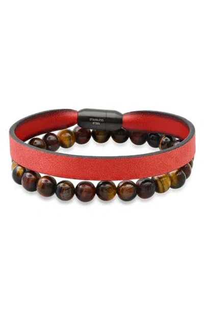 Steeltime 2-piece Genuine Tiger's Eye Bracelet Set In Brown
