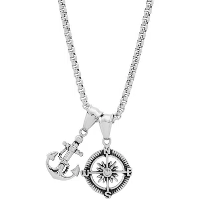 Steeltime Anchor & Compass Pendant Necklace In Silver