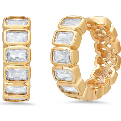 Steeltime Baguette Cubic Zirconia Huggie Hoop Earrings In Gold