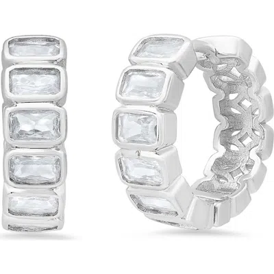 Steeltime Baguette Cubic Zirconia Huggie Hoop Earrings In Silver