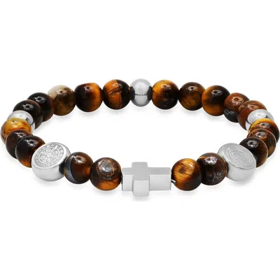 Steeltime Beaded Cross Stretch Bracelet In Brown