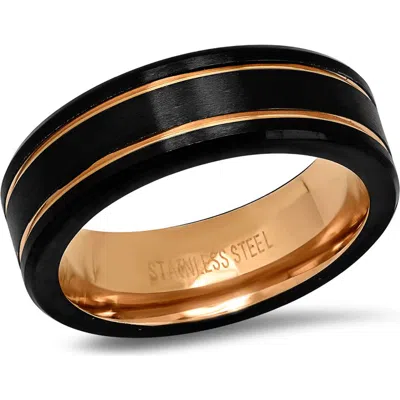 Steeltime Black Ion Plated And 18k Rose Gold Striped Ring