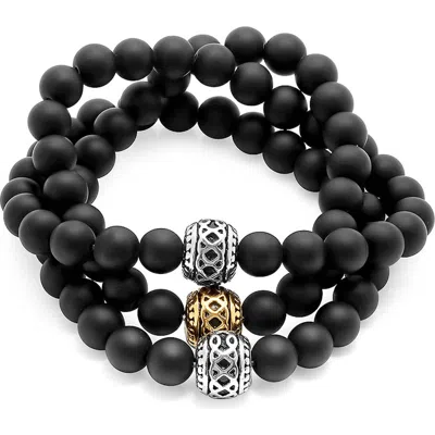 Steeltime Black Lava Stone Beaded Convertible Wrap Bracelet In Gold