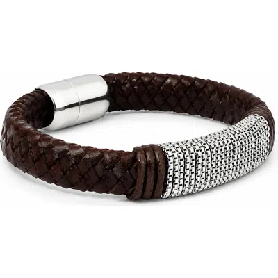 Steeltime Braided Leather & Mesh Bracelet In Brown