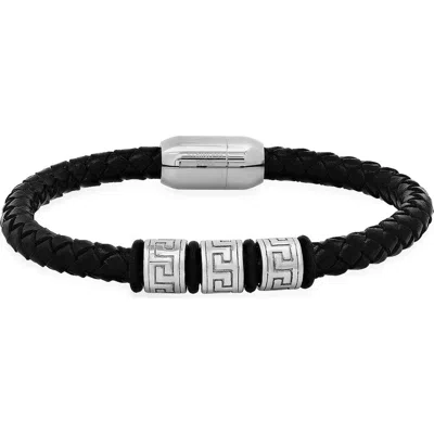 Steeltime Braided Leather And Stainless Steel Bracelet In Black