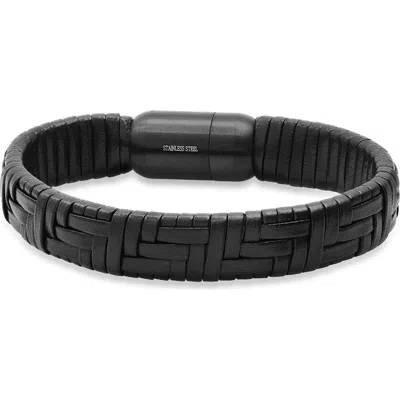 Steeltime Braided Leather Bracelet In Black