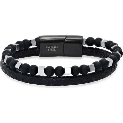 Steeltime Braided Leather Bracelet In Black