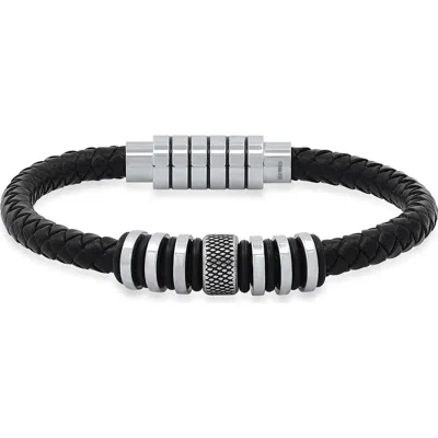 Steeltime Braided Leather Bracelet In Black