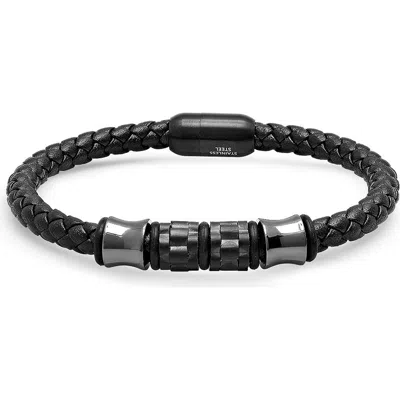 Steeltime Braided Leather Bracelet In Black