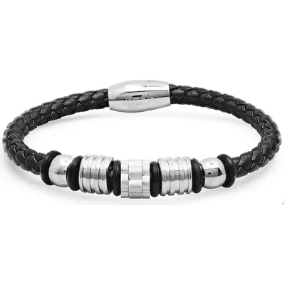 Steeltime Braided Leather Bracelet In Black