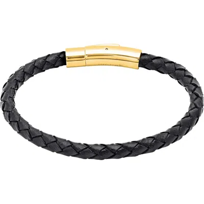 Steeltime Braided Leather Bracelet In Black/ Gold