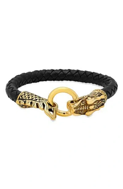 Steeltime Braided Leather Dragon Bracelet In Black