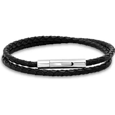 Steeltime Braided Leather Wrap Bracelet In Black