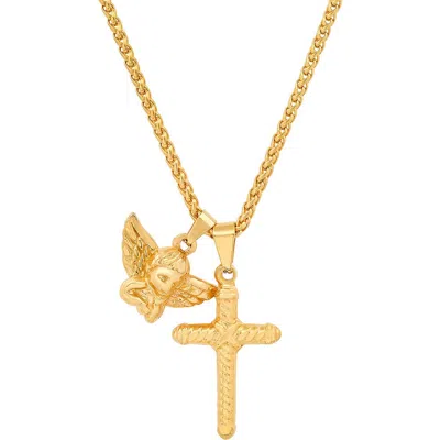 Steeltime Cross & Angel Pendant Necklace In Gold