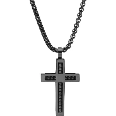 Steeltime Cross & Cable Pendant Necklace In Black