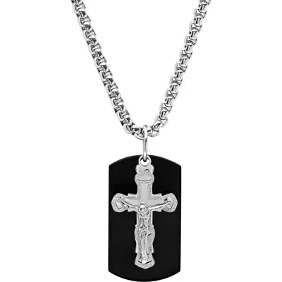 Steeltime Cross Dog Tag Pendant Necklace In Black