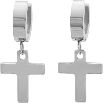 Steeltime Cross Drop Huggie Hoop Earrings In Silver