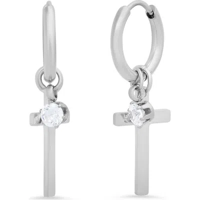 Steeltime Cross Huggie Hoop Earrings In Silver