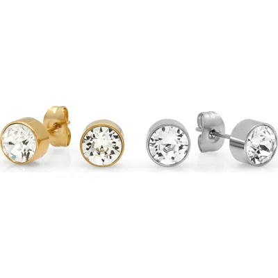 Steeltime Crystal Bezel Stud Earrings In Two Tone