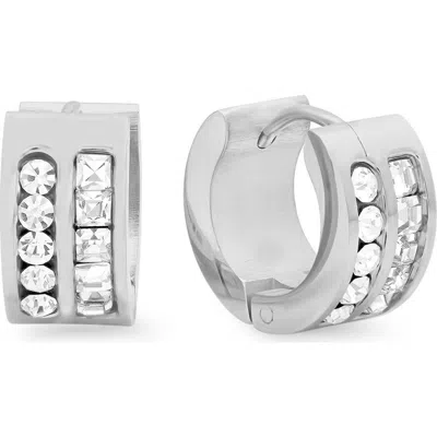Steeltime Crystal Stainless Steel Huggie Hoop Earrings In Silver