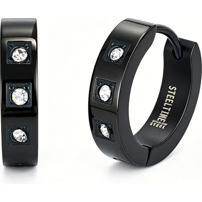 Steeltime Cubic Zirconia Huggie Hoop Earrings In Black