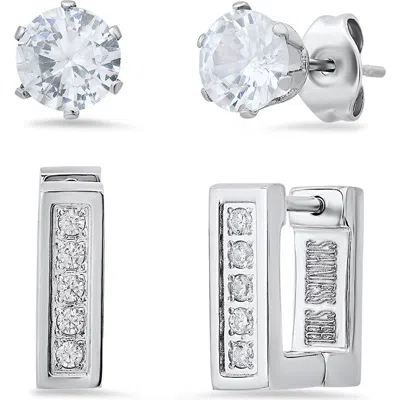Steeltime Cubic Zirconia Stud & Rectangular Hoop Earring Set In Silver