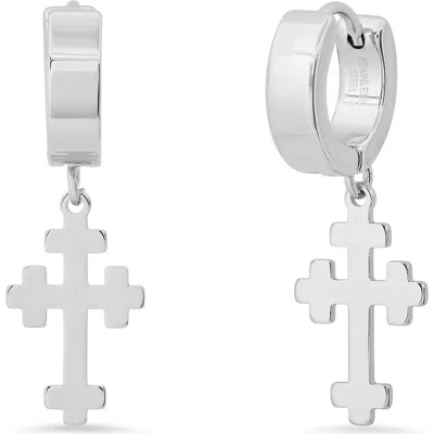 Steeltime Dangle Cross Huggie Hoop Earrings In Silver