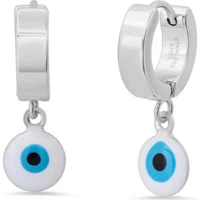 Steeltime Enamel Evil Eye Drop Earrings In Silver