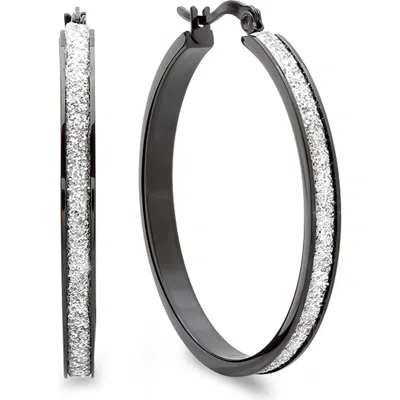 Steeltime Glitter Textured Hoop Earrings In Silver