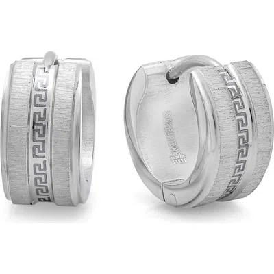 Steeltime Greek Key Huggie Hoop Earrings In Metallic
