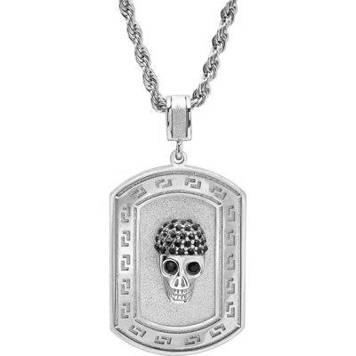 Steeltime Greek Key Skull Dog Tag Pendant Necklace In Silver