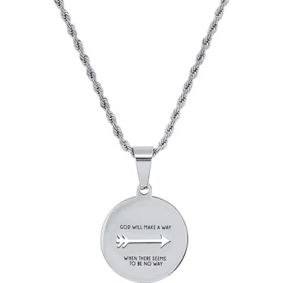 Steeltime Inscribed Disc Pendant Rope Chain Necklace In Silver