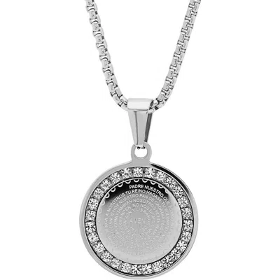 Steeltime Lab Grown Diamond Padre Nuestro Prayer Disc Pendant Necklace In Gray