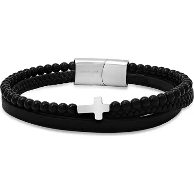 Steeltime Leather & Stone Beaded Layered Bracelet In Black