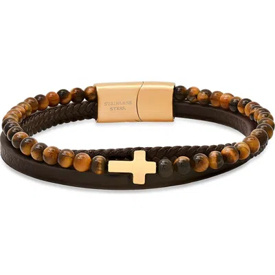 Steeltime Leather & Stone Beaded Layered Bracelet In Brown