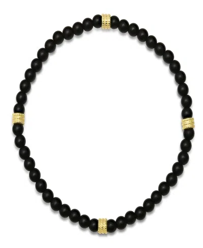 Steeltime Men's 14k Gold Plated Sterling Silver And Black Lava Beaded Stretch Bracelet