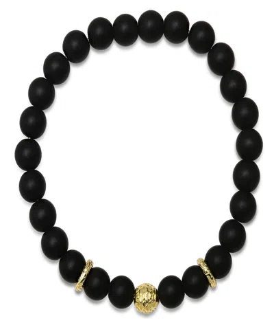 Steeltime Men's 14k Gold Plated Sterling Silver And Black Lava Beaded Stretch Bracelet