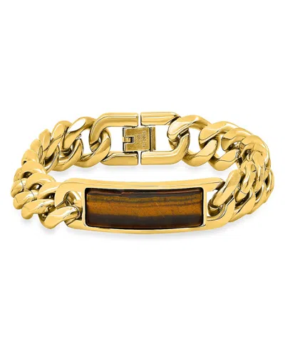 Steeltime Men's 18k Gold-plated And Stainless-steel Cuban Chain And Tiger Eye Id Bracelet