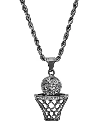 Steeltime Men's 18k Gold Plated Stainless Steel Basketball Hoop Simulated Diamond Pendant In Black