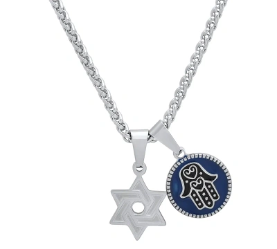 Steeltime Men's 18k Gold Plated Star Of David & Hamsa Round Pendant Necklace, 24" In Blue,silver