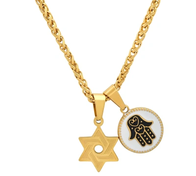 Steeltime Men's 18k Gold Plated Star Of David & Hamsa Round Pendant Necklace, 24" In White,blue,gold