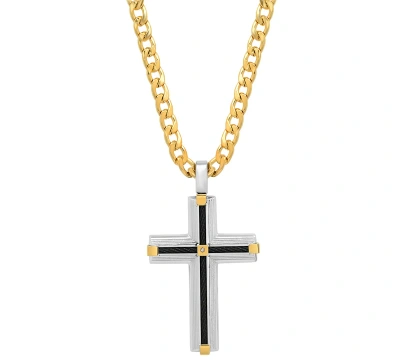 Steeltime Men's 18k Gold Plated Tri-tone Cross Pendant Necklace, 24" In Black,gold,silver