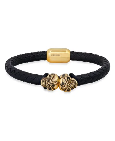 Steeltime Men's Black Braided Leather And 18k Gold-plated Stainless-steel Skulls Bracelet