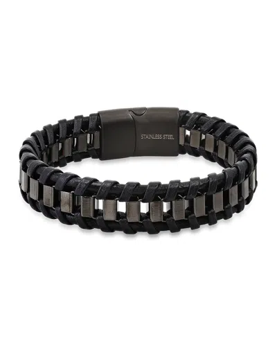 Steeltime Men's Black Leather And Black Ip Stainless Steel Box Link Braided Bracelet