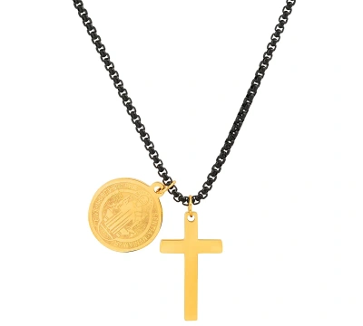 Steeltime Men's Black-tone Ip & 18k Gold-plated Stainless Steel Cross And St. Benedict Religious 24" Pendant N In Black,gold