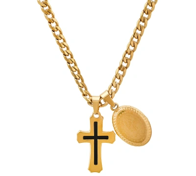 Steeltime Men's Cross & Guadalupe Oval Pendant Necklace, 24" In Black,gold