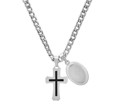 Steeltime Men's Cross & Guadalupe Oval Pendant Necklace, 24" In Black,silver